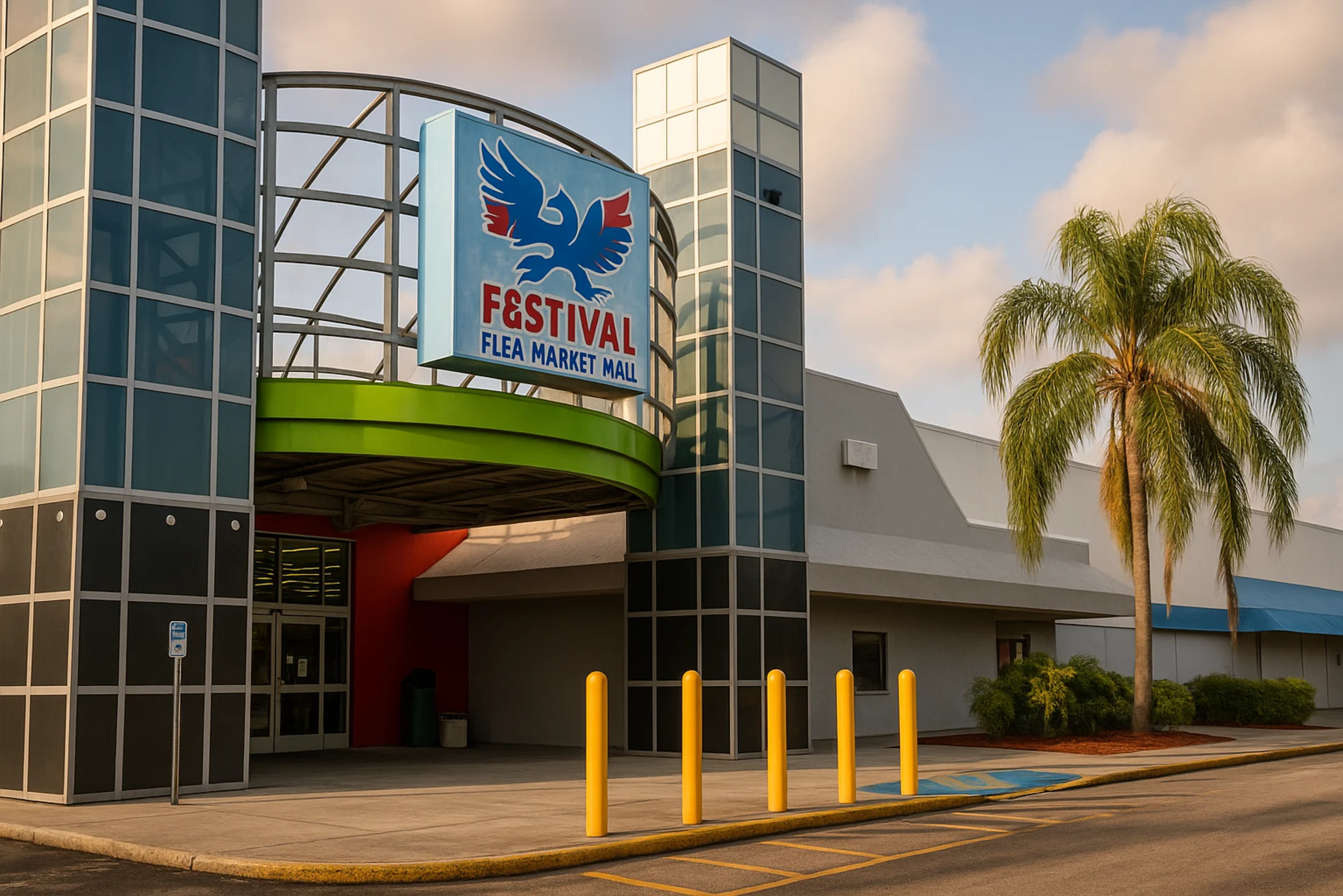 The exterior entrance of Festival Flea Market Mall in Pompano Beach, Florida